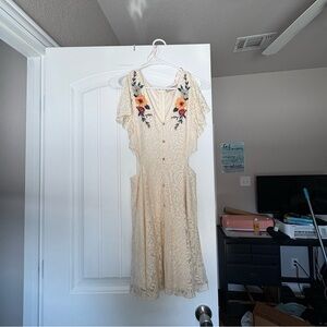 Flying Tomato Cream Lace Midi Dress with Floral Embroidery